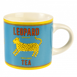 Ceramic mug in white with retro style Leopard Tea branding