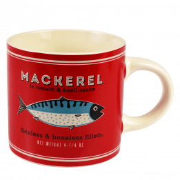 Ceramic mug in white with retro style mackerel fish branding