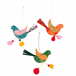 Hanging Paper Bird Decorations With Pom-Poms (set Of 3)