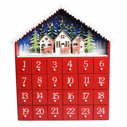 Red House Wooden Advent Calendar With Led Lights