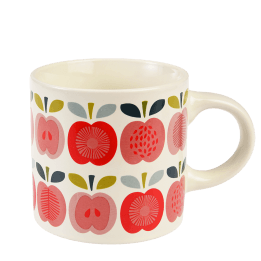Ceramic mug in white with vintage style print of apples