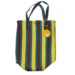 Recycled woven shopping bag - Brown, yellow, teal