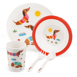 Children's melamine dinner set (5 pieces) - Sunny Sausage Dog