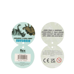 dinosaur pencil tag showing safety warning in multilingual