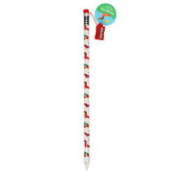 sausage dog printed pencil with red sharpener and a tag