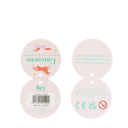 Unicorn pencil tag with printed safety warning in multilingual