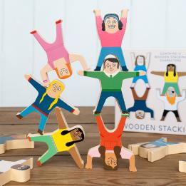 stacked wooden characters game with product box