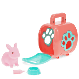 pet carrier with pink rabbit and a blue bowl