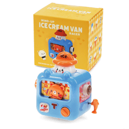 blue wind up ice cream van with yellow packaging box in background
