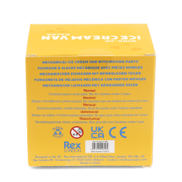 base of wind up ice cream van box with safety warning in multilingual
