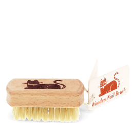 Wooden nail brush with cat printed on the handle and a tag
