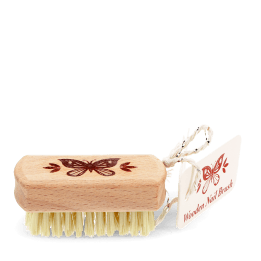 Wooden nail brush with butterfly printed on the handle and a tag