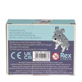 Back of build your own Schnauzer dog packaging, showing multilingual product descriptions and safety warnings