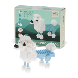 completed white and light blue poodle brick model alongside the packaging