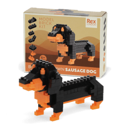 completed sausage dog model kit alongside the packaging