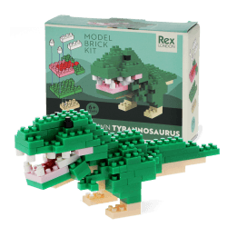 completed tyrannosaurus model alongside the packaging