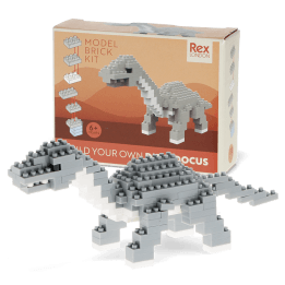completed diplodocus model alongside the packaging