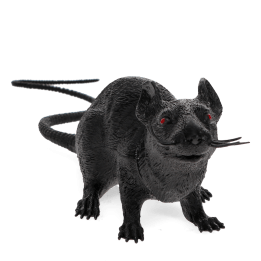 A black realistic rat with red eyes and a long tail