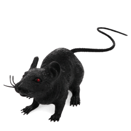 A black realistic rat with red eyes and a long tail