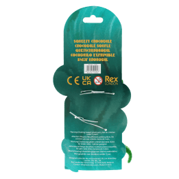 Back of Squeezy Crocodile toy packaging with multilingual safety warning
