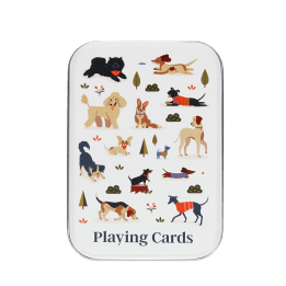 Playing cards with colourful illustrations of dogs printed on a metal tin