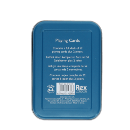 back of playing cards tin with multilingual descriptions 