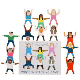 stacked 12 wooden characters around the product box