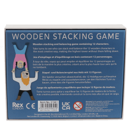 back of the wooden stacking characters packaging with safety warnings