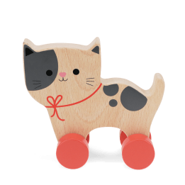 wooden push-along cat toy with red wheels