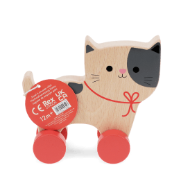 wooden push-along cat toy with red wheels and tag
