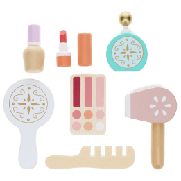 Wooden toy makeup set including mirror, lipstick, nail polish, and perfume.