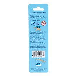back of sausage dog stylus ballpoint pen packaging with safety warnings