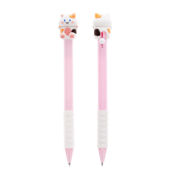 Retractable ballpoint pen in pink showing a cute cat sitting atop