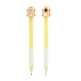 Retractable ballpoint pen in yellow showing a cute tiger sitting atop