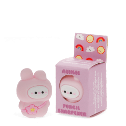 pink bunny shaped pencil sharpener beside the box 