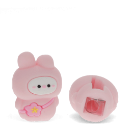 pink bunny shaped pencil sharpener out of the box with showing the base