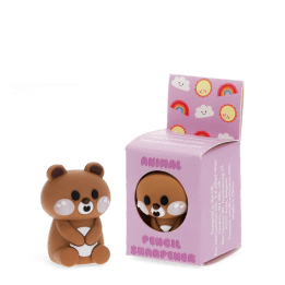 brown bear shaped pencil sharpener beside the box 