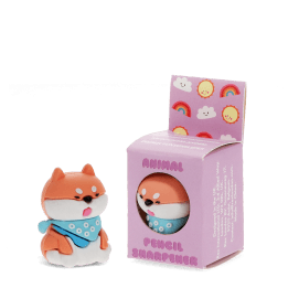 dog shaped pencil sharpener beside the box 