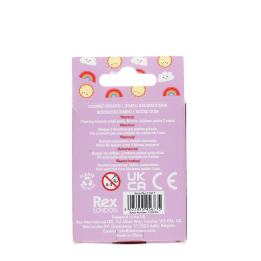 Packaging of a doughnut-shaped unicorn eraser displaying a multilingual safety warning