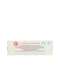 Back of packaging for 4 biscuit erasers showing multilingual safety warnings