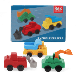 Truck-shaped erasers with packaging box displayed in the background