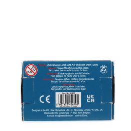 Back of packaging for 3 trucks erasers showing multilingual safety warnings