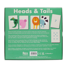 Back of Heads & Tails game box showing multilingual safety warning