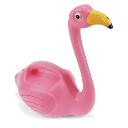 Plastic pink flamingo watering can with a yellow beak.