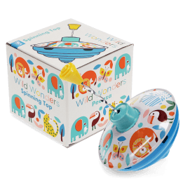 colourful spinning top with animal illustrations and a box