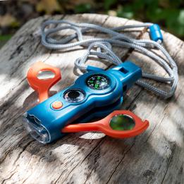 Blue seven-in-one safety whistle with lanyard, magnifying glass and compass