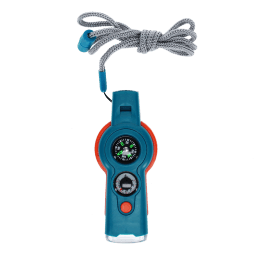 Blue 7-in-1 safety whistle with grey lanyard