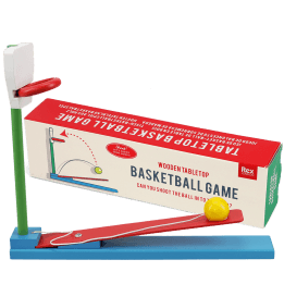 wooden tabletop basketball game with a box