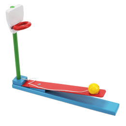 wooden tabletop basketball game with a yellow ball