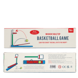wooden basketball game packaging box showing safety warnings in multilingual 
